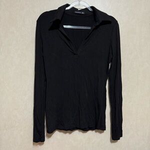 Amelie Boutik Black Soft Stretch Collared Long Sleeve V Neck Top
